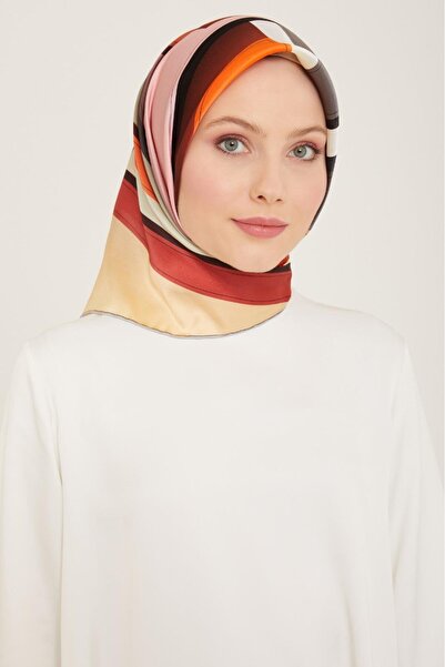 Armine Αποξηραμένο τριαντάφυλλο - Καφέ γεωμετρικό σχέδιο Tivil μεταξωτό μαντή...