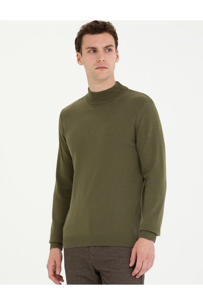 Pierre Cardin Dark Khaki Slim Fit Half Turtleneck Basic Knitwear Sweater 50276161-Vr111