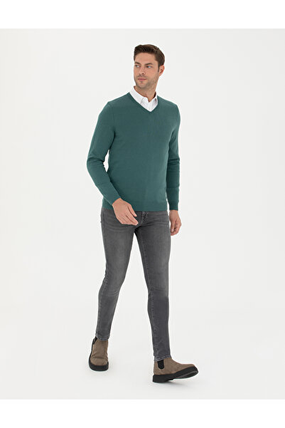 Pierre Cardin Green Slim Fit V-Neck Basic Knitwear Sweater 50276156-Vr054