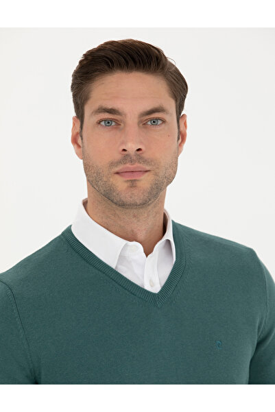 Pierre Cardin Green Slim Fit V-Neck Basic Knitwear Sweater 50276156-Vr054
