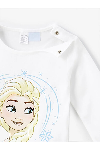 LC Waikiki LCW baby Optik Beyaz Bisiklet Yaka Uzun Kollu Elsa Baskılı Kız Bebek Pijama Takım