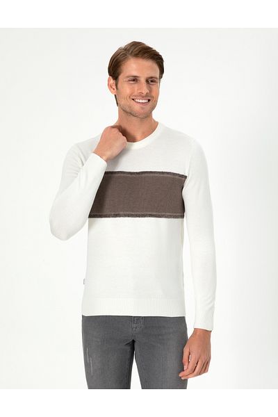 Pierre Cardin Ecru Slim Fit Crew Neck Wool Blended Sweater 50296439-Vr019