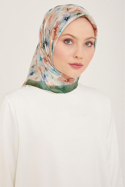 Armine Green Flower Pattern Sura Silk Scarf 9108-84