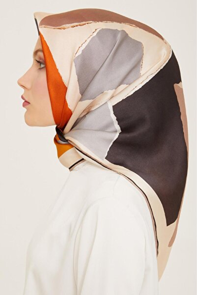 Armine Ekru Geometrik Desen Tivil İpek Eşarp 9125 - 02