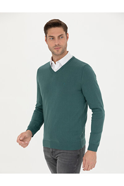 Pierre Cardin Green Slim Fit V-Neck Basic Knitwear Sweater 50276156-Vr054