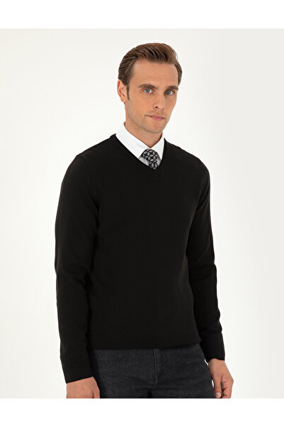 Pierre Cardin Black Slim Fit V-Neck Basic Sweater Sweater 50296583-Vr046