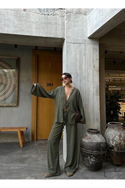 minaaise Kadın Haki Krinkıl Kumaş Önden Bağlamalı Oversize Kimono Bluz 28172