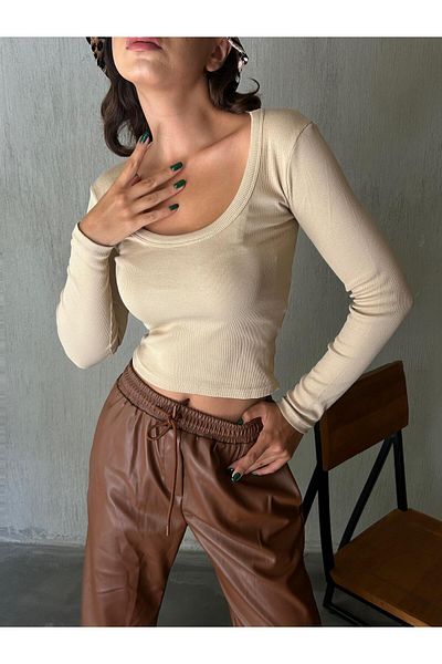 minaaise Pantaloni de damă din piele de căprioară maro cu talie elastică 28081