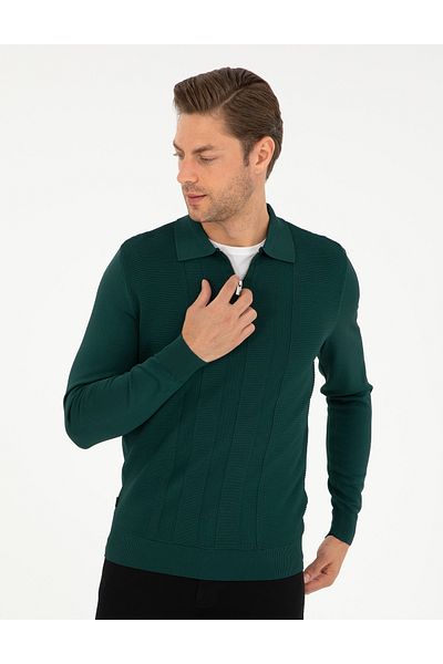 Pierre Cardin Green Regular Fit Zippered Polo Neck Knitwear Sweater 50296453-Vr054