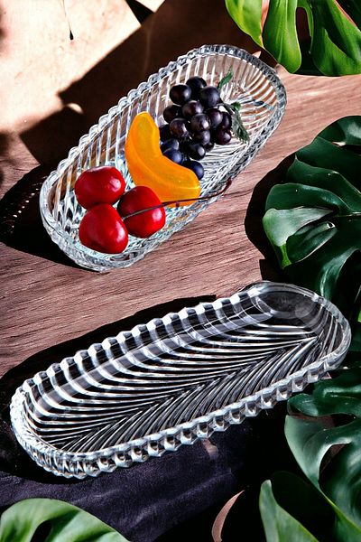 Fİ HOME 2-Piece Mini Glass Boat Plate Fish Back Patterned Presentation Holder 13.8X5.8Cm
