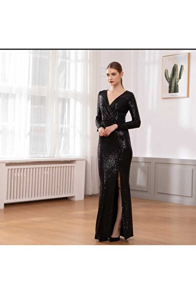 Genel Markalar V YAKA YIRTMAÇLI PUL PAYET ABİYE ELBİSE