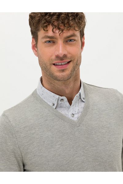 Pierre Cardin Light Gray Melange Slim Fit V-Neck Basic Knitwear Sweater 50276156-Vr091