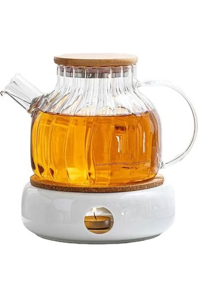 Fİ HOME Glass Teapot with Bamboo Lid Heat Resistant Glass with Metal Strainer 1100ml