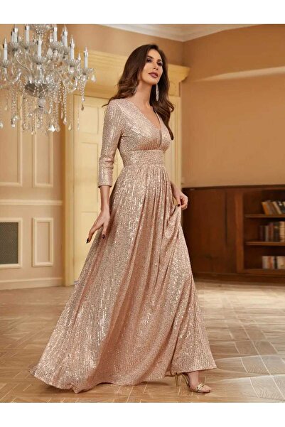 MODAS V YAKA UZUN KOLLU PUL PAYET ABİYE ELBİSE