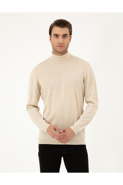 Pierre Cardin Beige Slim Fit Turtleneck Wool Blended Basic Knitwear Sweater 5...