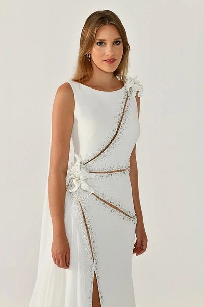 ALFABETA Alfa Beta Floral and Accessorized Long Evening Dress with Slit Shawl