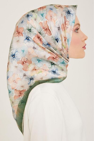 Armine Green Flower Pattern Sura Silk Scarf 9108-84