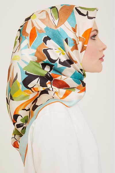 Armine Πορτοκαλί-πράσινο μοτίβο λουλουδιών Sura Silk Scarf 9153-80