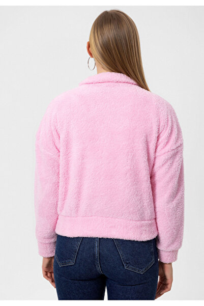 COOLHILL Γυναικείο βελούδινο μπουφάν με ροζ γιακά με φερμουάρ