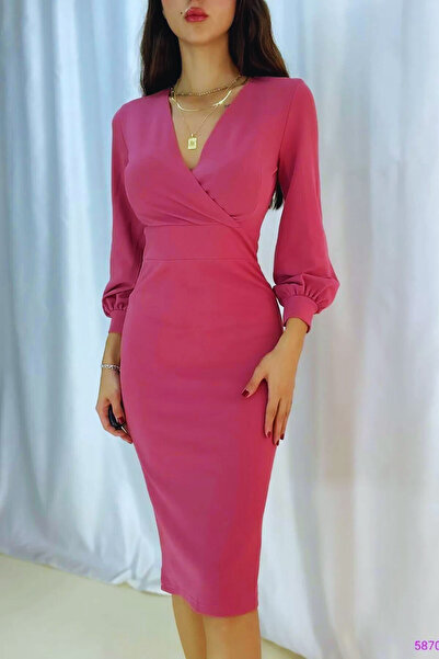 Planet Prestige Φούξια μίντι φόρεμα με διπλό γιακά με μανίκια