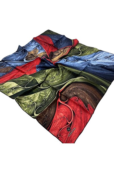 Vissona أوشحة حريرية تيفيل منقوشة باللون الكاكي والإنديجو 17611 - 37 - 31