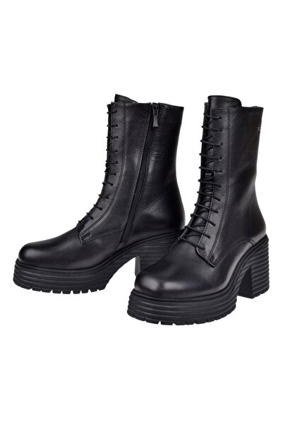 pullman Castle Black Hakiki Deri Kalın Taban Topuklu Kadın Bot SK-54321 SİYAH