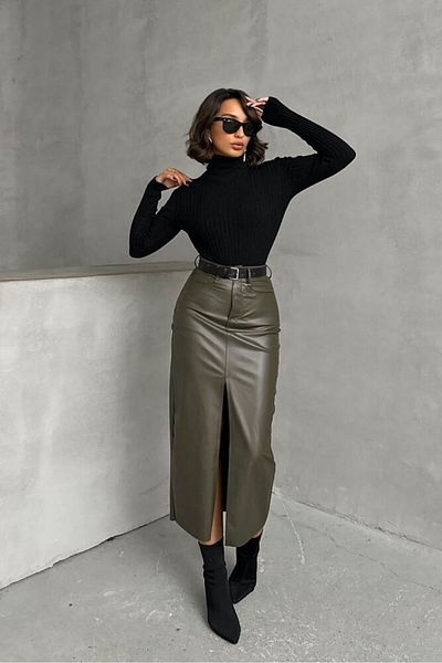 Lady Pixie Fusta midi cu fante din piele