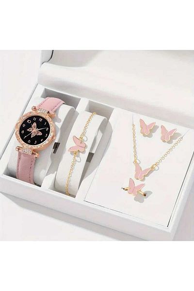 Beyna Gold Plated Butterfly Necklace Earrings Bracelet Ring Watch Gift Set Gift for Lover Gift for Mother