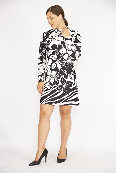 Şans Γυναικείο μαύρο μεγάλο μέγεθος Crew λαιμόκοψη μακρυμάνικο μονόχρωμο τύπωμα φόρεμα 65n36526