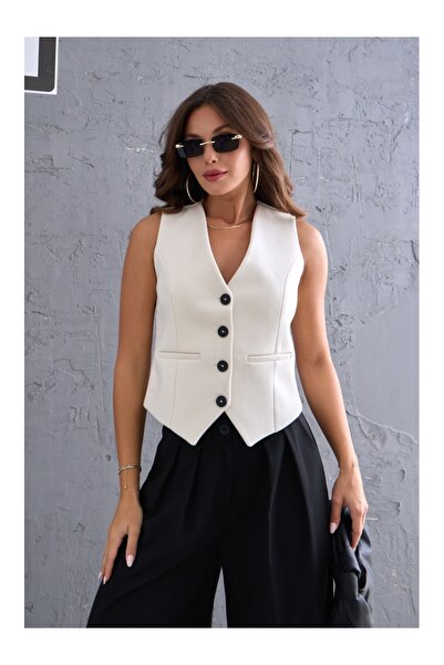 Elif Özbey Butik Ecru Buttoned Stitched Vest
