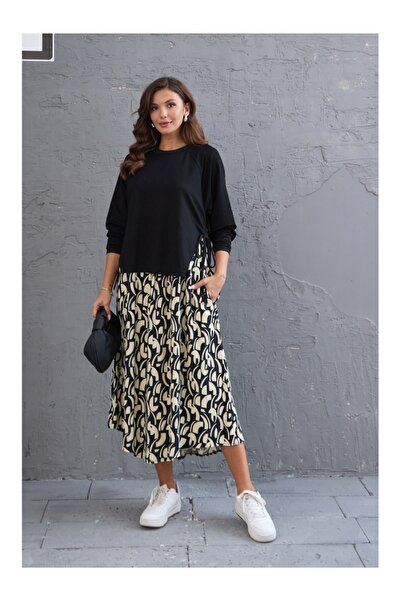 Elif Özbey Butik Černé vzorované šaty s dlouhým rukávem se zavazováním na bocích