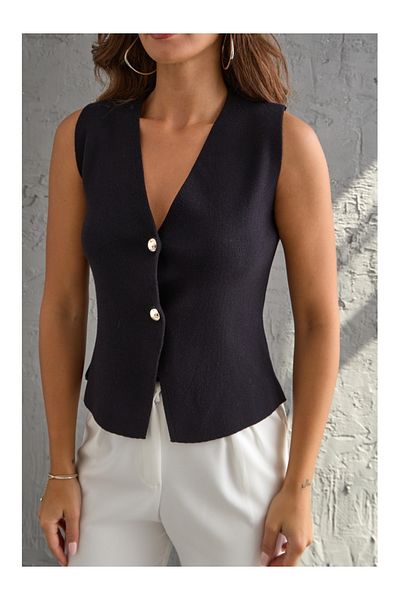 Elif Özbey Butik Black Premium Two-Button Knitwear Vest