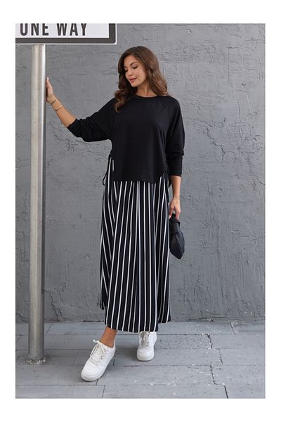 Elif Özbey Butik Rochie cu mânecă lungă cu cravată laterală cu dungi negre