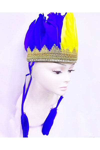 CEKAVE Yellow Navy Blue Feather Native American Headdress| Fan Head