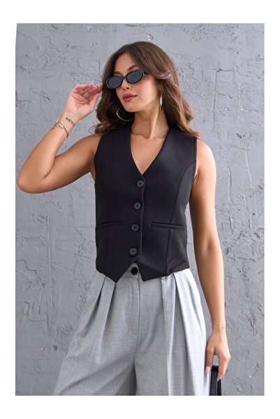 Elif Özbey Butik Black Buttoned Stitched Vest