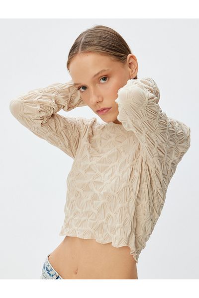 Koton Textured Long Sleeve Crop T-Shirt - Boat Neck Wrap