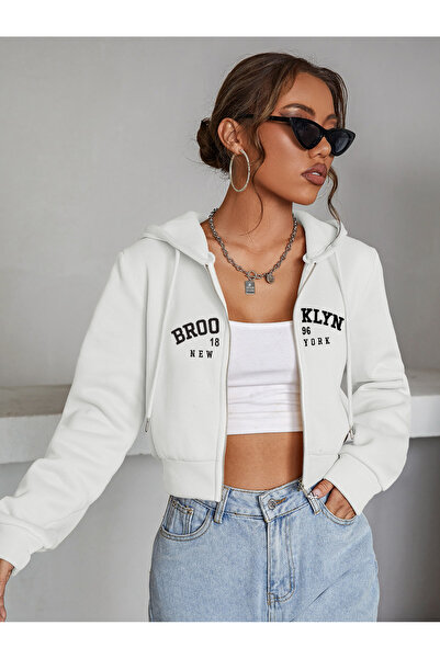 Fun Fashion Women's White Brooklyn Printed Hooded Oversize Crop Cardigan