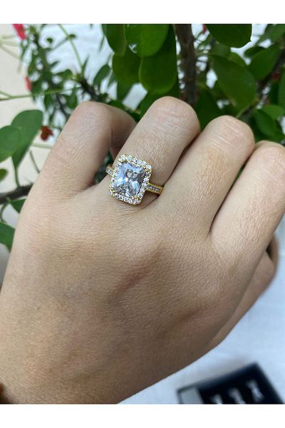 sema aksesuar Single Stone Baguette and Small Zircon Stone Ring - Women's Ring - Gift