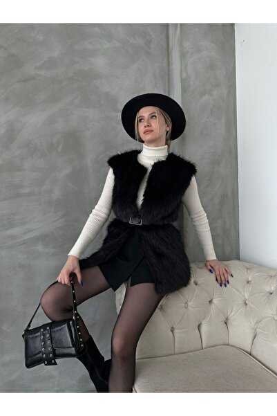 Caddebostan Moda Black Feather Long Fur Stylish Premium Luxury Trend Special Design Women's Vest