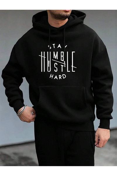 aynewmoda Stay Humble - Черен суитшърт с качулка и голям размер