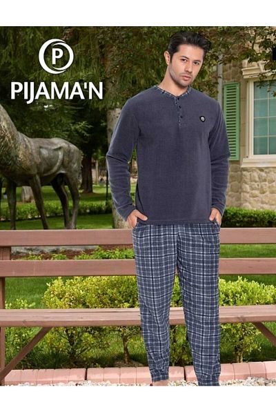 Pijamoni Σετ ανδρικές πιτζάμες με καρό σχέδιο Navy Blue Grey