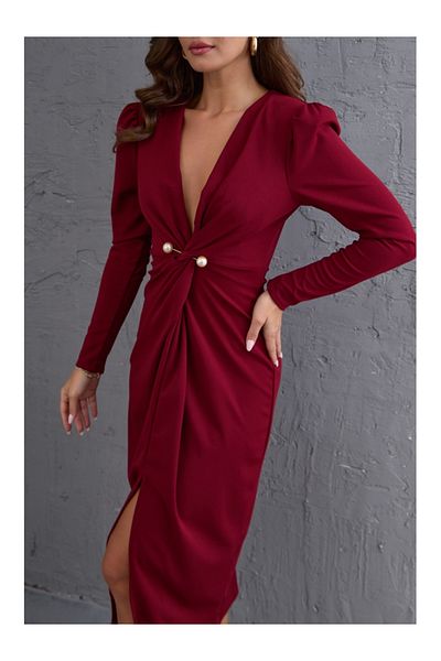 Elif Özbey Butik Rochie căptușită cu accesorii din perle burgundy