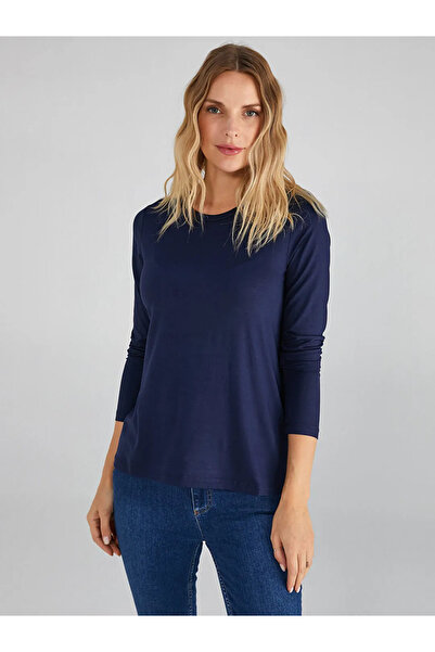 Faik Sönmez Tricou pentru femei, albastru bleumarin, cu mânecă lungă, cu decolteu 3B00013