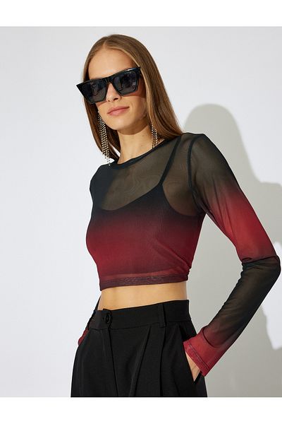 Koton Gradient Long Sleeve Round Neck Tulle Crop T-Shirt