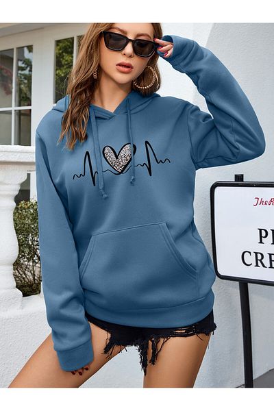 aynewmoda Blue Oversize Hooded Sweatshirt - Heart Embroidered Hoodie