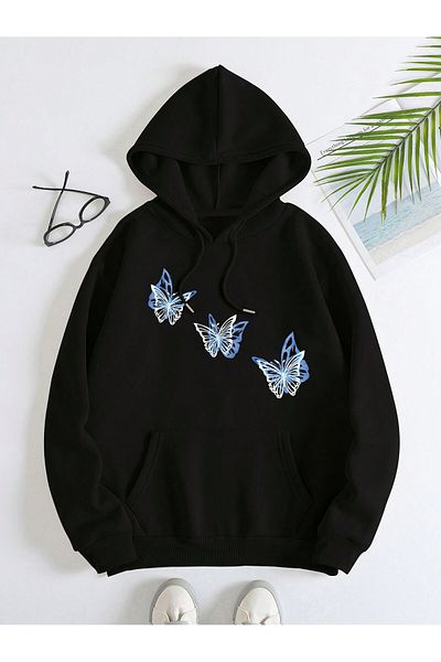 aynewmoda Black Oversize Hooded Sweatshirt - Blue Butterfly Front Printed Hoodie