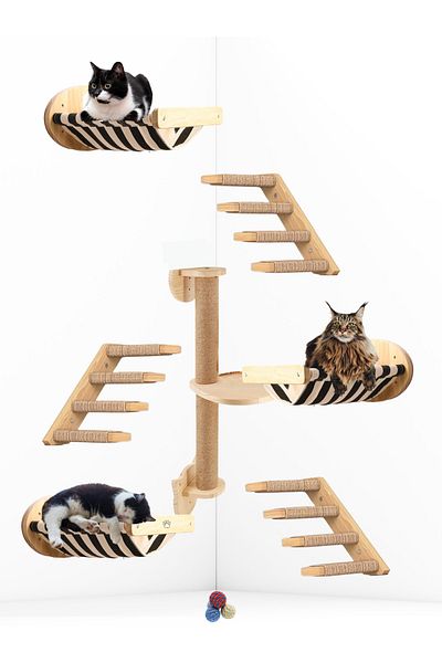 BUSHOP Luxury 7-Piece Cat Track - Cat House, Cat Bed, Cat Wall House and Cat Wall Shelf