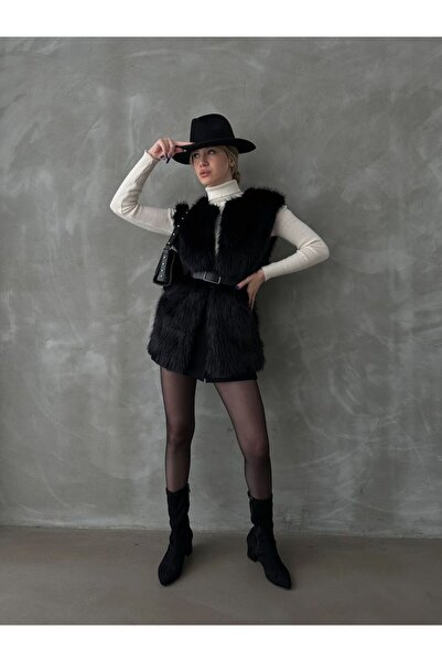 Caddebostan Moda Black Feather Long Fur Stylish Premium Luxury Trend Special Design Women's Vest