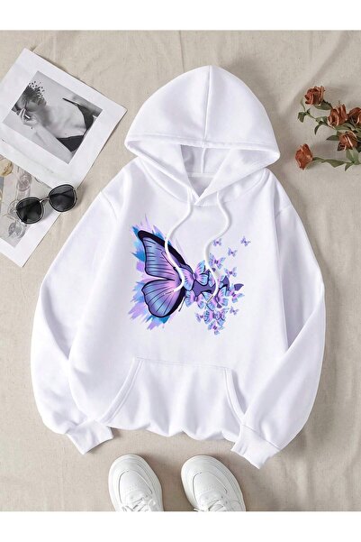 Eritqaa Purple Butterfly Front Printed White Oversized Hoodie Sweatshirt