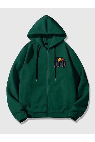 aynewmoda Φούτερ με κουκούλα Χακί Oversize με φερμουάρ UFO με στάμπα
